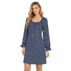 BeBop Navy Blue Floral Shift Dress Women’s L Smocked Neck & Cuffs Casual Chic